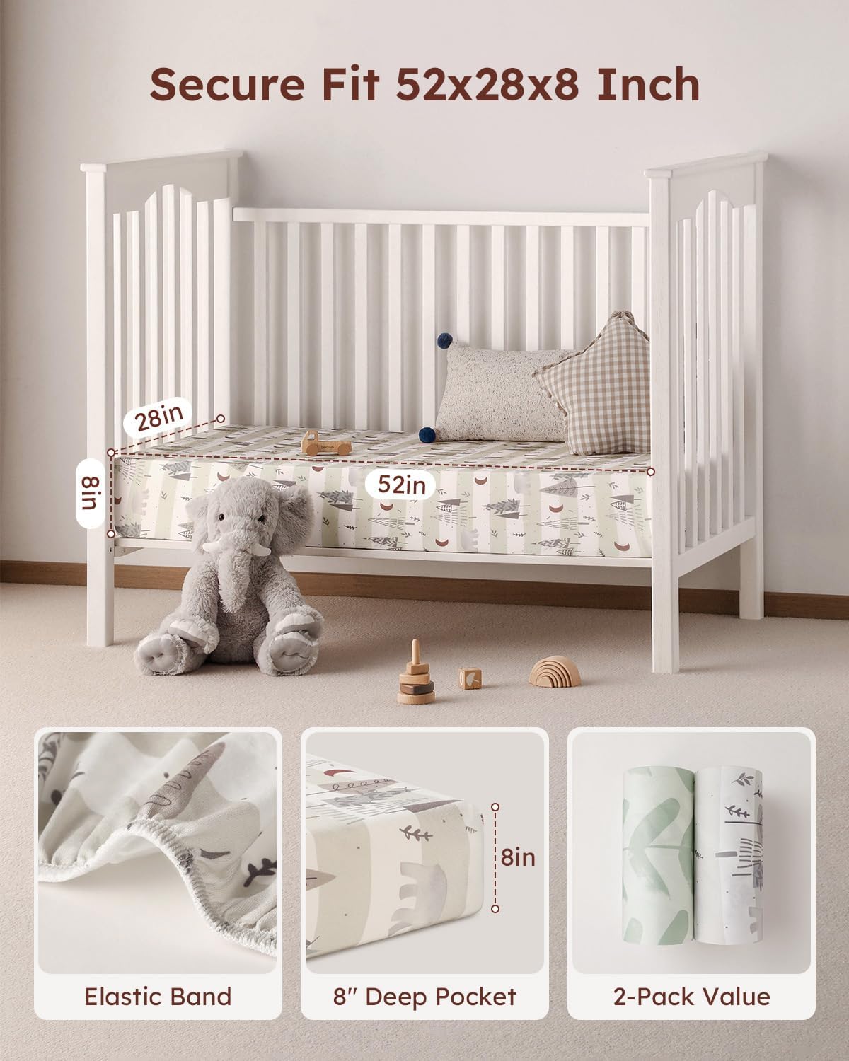 Yoofoss Baby Crib Sheets 2 Pack for Boys and Girls - 52x28 Fitted Crib Sheet Neutral Fits for Standard Crib and Toddler Mattress, Ultra Soft Breathable Microfiber Forest Bear