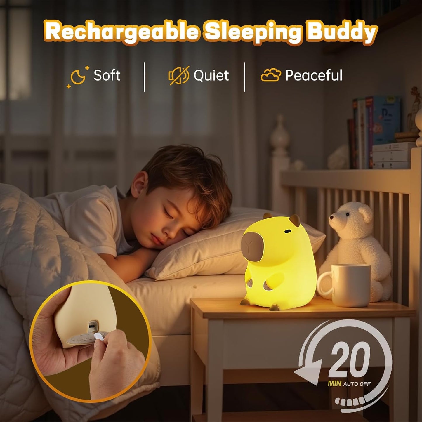 Capybara Night Light for Kids, Cute Capybara Lamp Silicone Baby Nursery Night Lamp, Dimmable Squishy Touch Bedside Lamps, Adorable Rechargeable Animal Lamps Gifts Kawaii Room Decor for Kids Girls Boys