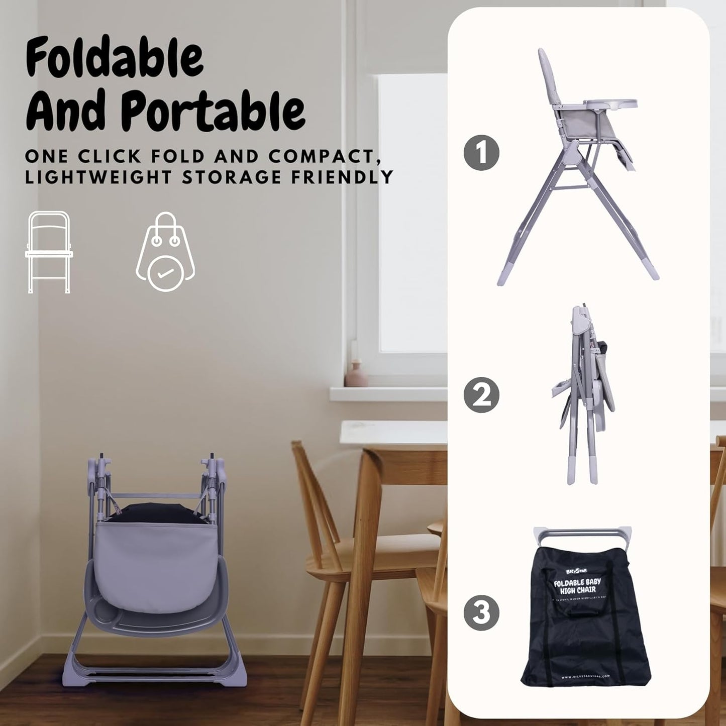 Foldable Baby High Chair with Easy Clean Double-Layer Tray, Adjustable Foot Rest, Safety First 5 Point Harness, Compact Space Saver Baby Feeding Chair Portable for Travel