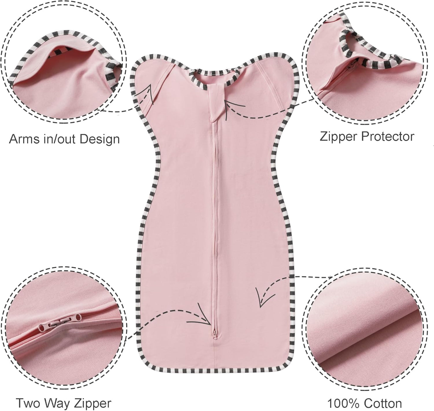 Transition Swaddle, 2 Pack 100% Cotton Baby Sleep Sack, 2-Way Zipper Infant Arm Up Swaddle for Newborn Baby Boys Girls (Rose Pink + Purple, L(6-9 Months))