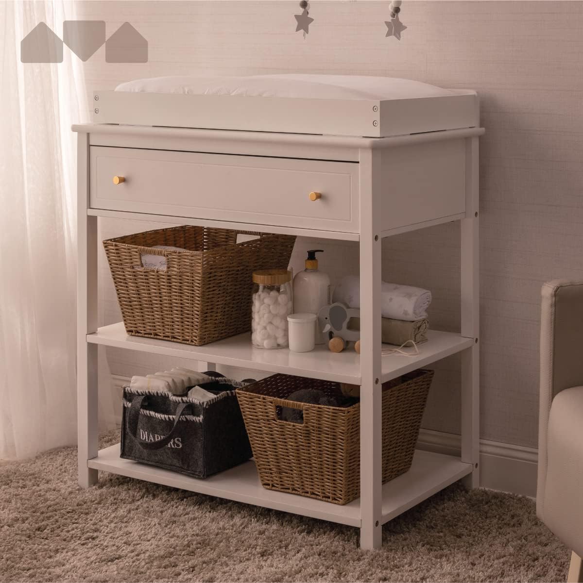 Milliard Nursery Dresser and Baby Changing Table with Storage & Removable Diaper Changing Top, White Modern Diaper Changing Station, Includes Spacious Drawer and Shelves, 18.5 x 35.5 x 40 inches