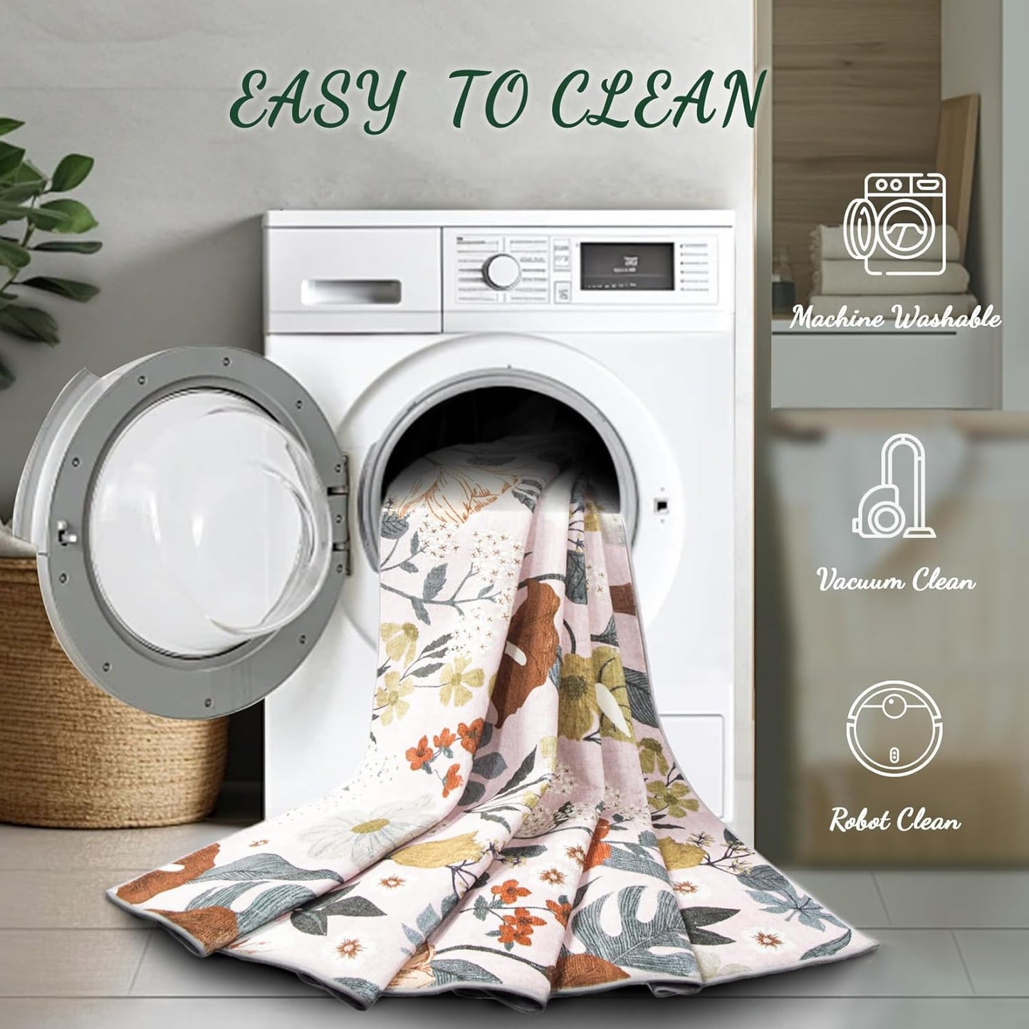 8x10 Area Rug for Living Room: Vintage Floral Washable Rug Soft Boho Non Slip Carpet Large Indoor Floor Non Shedding Low Pile Thin Carpets for Bedroom Dining Room Farmhouse Nursery Home Light Pink