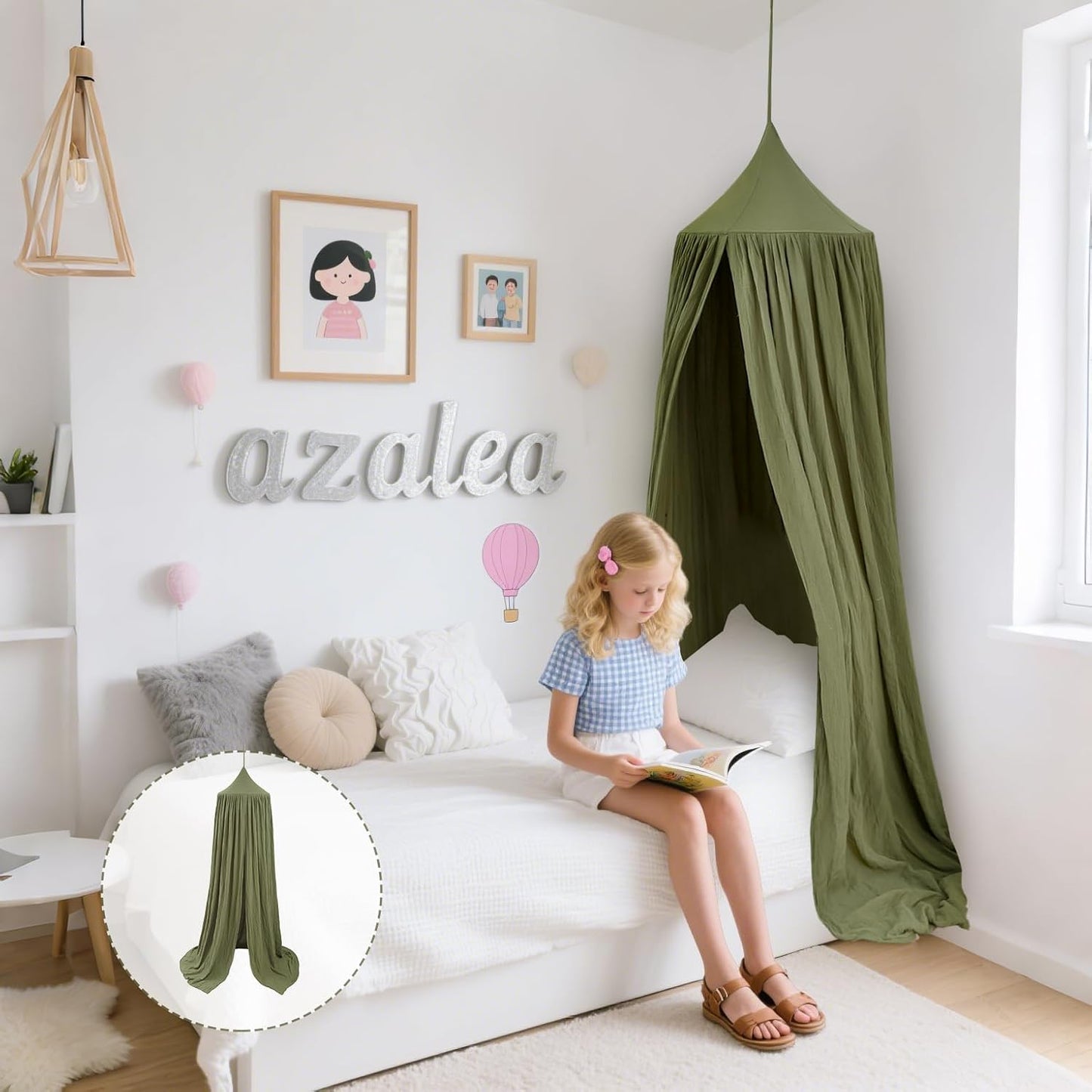 Cotton Kids Bed Canopy, Nursery Room Baby Crib Hanging Curtain Mosquito Net Hideaway Bedding Children Reading Nook Decoration, Pastel Neutral Color for Boys & Girls (Small Green)