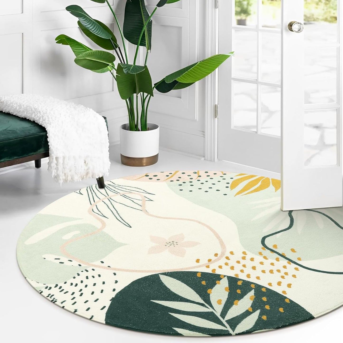 Lahome Green Washable Round Rug - 7Ft Round Area Rug for Living Room Throw Soft Boho Round Rug Large Non-Slip Round Dining Room Rug, Botanical Print Floor Round Carpet for Bedroom Office (Pink,7'x7')