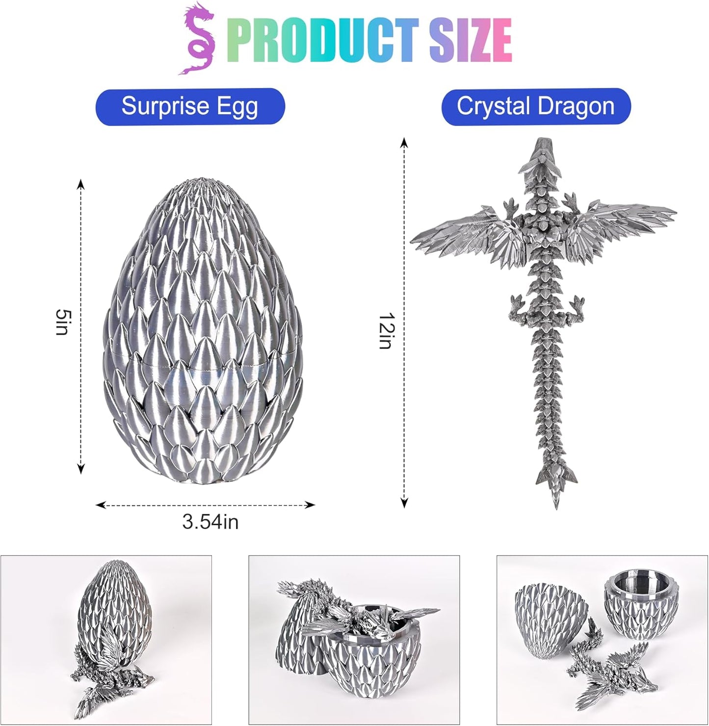12inch Fly Dragon Egg, Year of The Dragon, 3D Printed Dragon, Executive Desk Toys, Articulated Dragon, Fidget Toys Gifts for Graduates Students Teachers Adults (Grey)