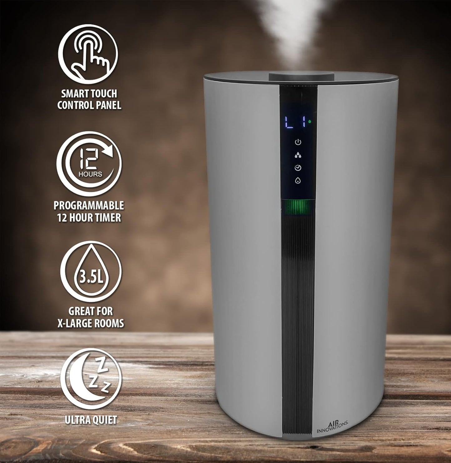 Air Innovations AI-104 Ultrasonic Cool Mist Humidifier for Large Bedroom – Quiet Cool Diffuser with 3.5L Tank, 35-Hour Runtime, Auto Shut-Off, Top-Fill Design – Ideal for Home, Baby, & Plant Rooms