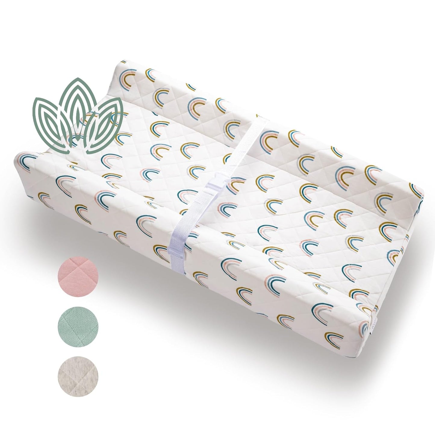 Organic Cotton Contoured Baby Changing Pad w/Waterproof Foam Mattress, Includes Soft, Removable & Washable Cover, Safety Strap, Non-Slip Bottom, Topper for Standard Size Infant Diaper Table & Dresser
