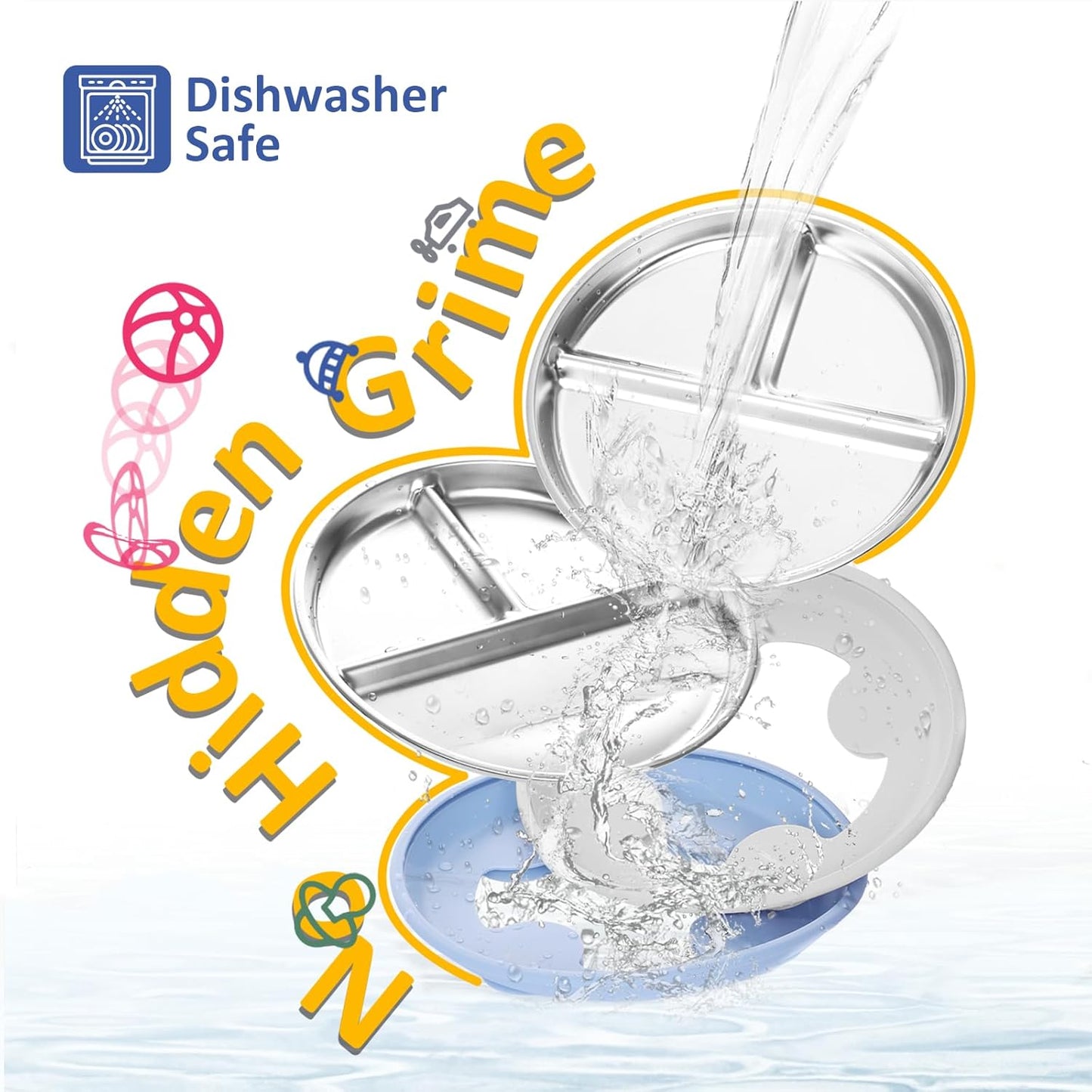 Stainless Steel Toddler Plate with Suction, 9” Divided Plates with Removable Silicone Sleeves for Kids, Non Toxic & BPA Free | Non Slip | Unbreakable Baby Snack Dishes Set of 2, Blue & Gray