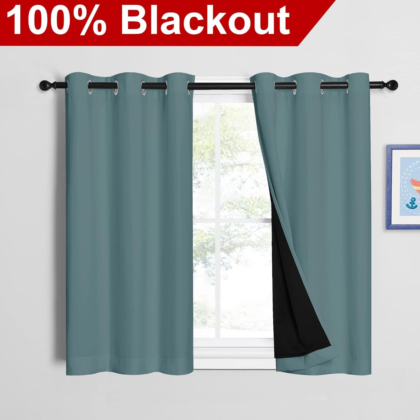 NICETOWN Greyish Blue 100% Blackout Curtains 45 inches Long, 2 Thick Layers Completely Blackout Window Treatment Thermal Insulated Lined Drapes for Small Window (1 Pair, 42 inches Width Each Panel)