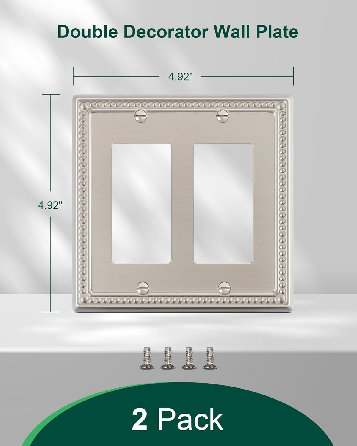 2-Pack Double Decorator Outlet Cover Plate, Pearls Decorative Switch Plates and Outlet Covers, 2 Gang Brushed Nickel Metal Wall Plates, Corrosion Resistant