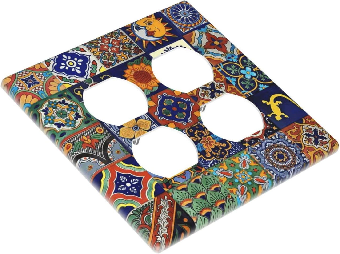 Talavera Mexican Tiles Traditional Color Decoration Print Outlet Covers 2 Gang Double Duplex Decorative Light Switch Covers Electrical Wallplates Socket Faceplate for Kitchen Bathroom Decor