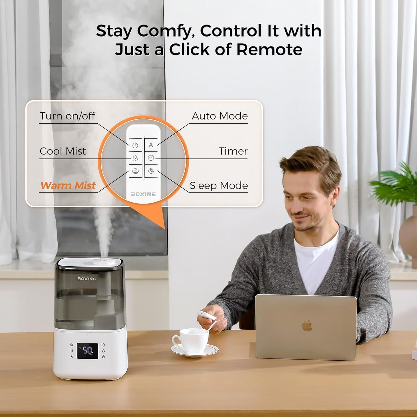 BOXING Warm and Cool Mist Humidifiers for Bedroom Large Room Home, Air Humidifier with Remote, Top Fill Ultrasonic Diffuser Humidifier with humidistat,Quiet Sleep Bedside Nightstand,Timer,Filter,4.5L