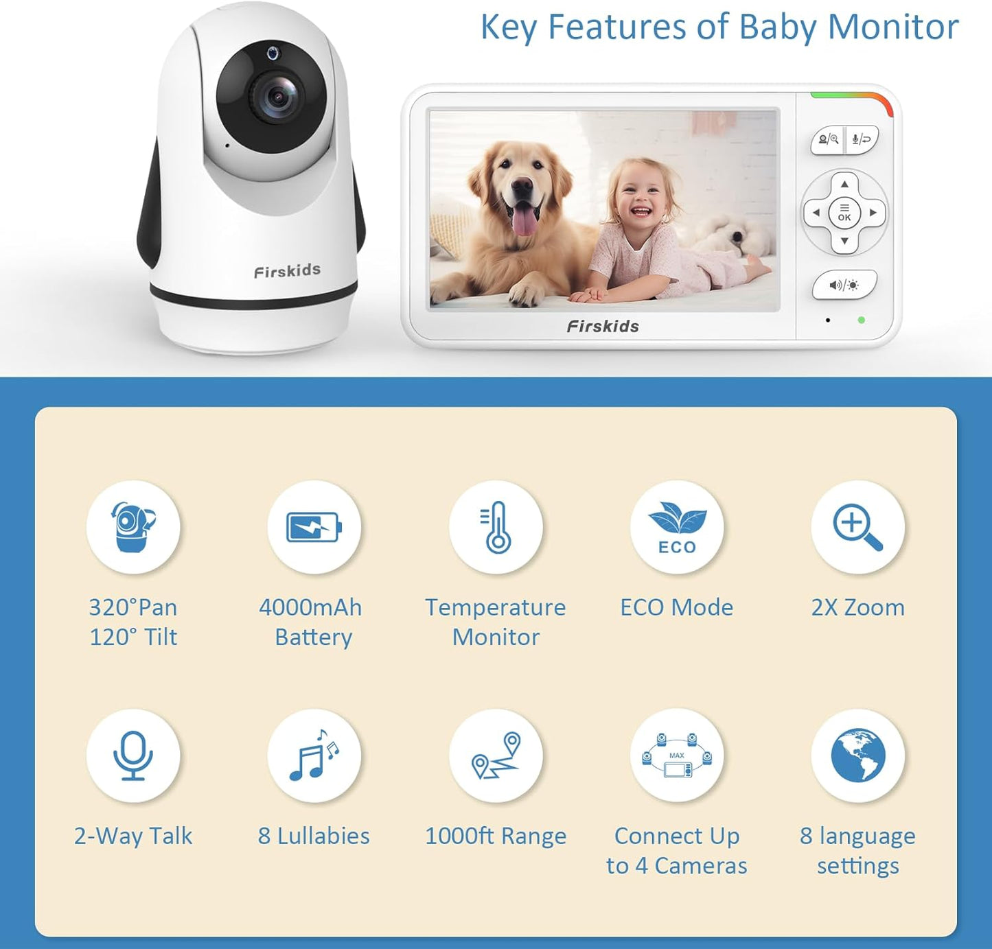 Baby Monitor, 5” Video Baby Monitor with Camera and Audio, 32-Hour Battery, Non WiFi, 2 Way Talk, Temp Sensor, Auto Night Vision, Pan Tilt Zoom Camera, Suitable for Monitor Baby and Elderly