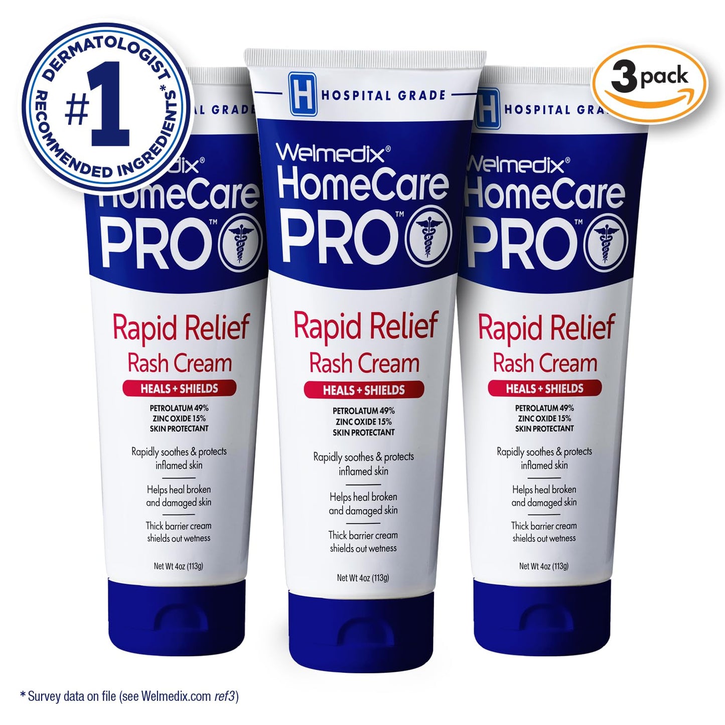 Welmedix Rapid Relief Diaper Rash Cream with Zinc Oxide, Hospital Grade Barrier Cream for Adults, and Babies with Fragile or Sensitive Skin (4oz Tube, Pack of 3)