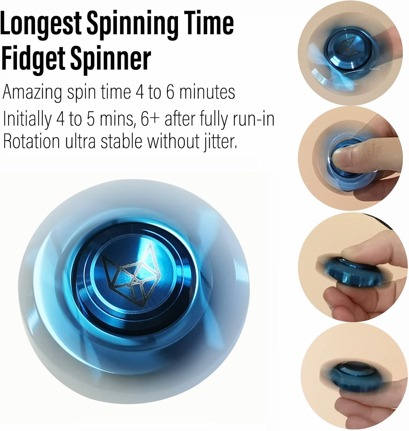 FREELOVE Metal Fidget Spinner, Stainless Steel Heavy, Long Spinning Toys, Cool Silent, Small Mini Fox Figette Spiner for Adults Men Anxiety, Quiet Bearing, Blue