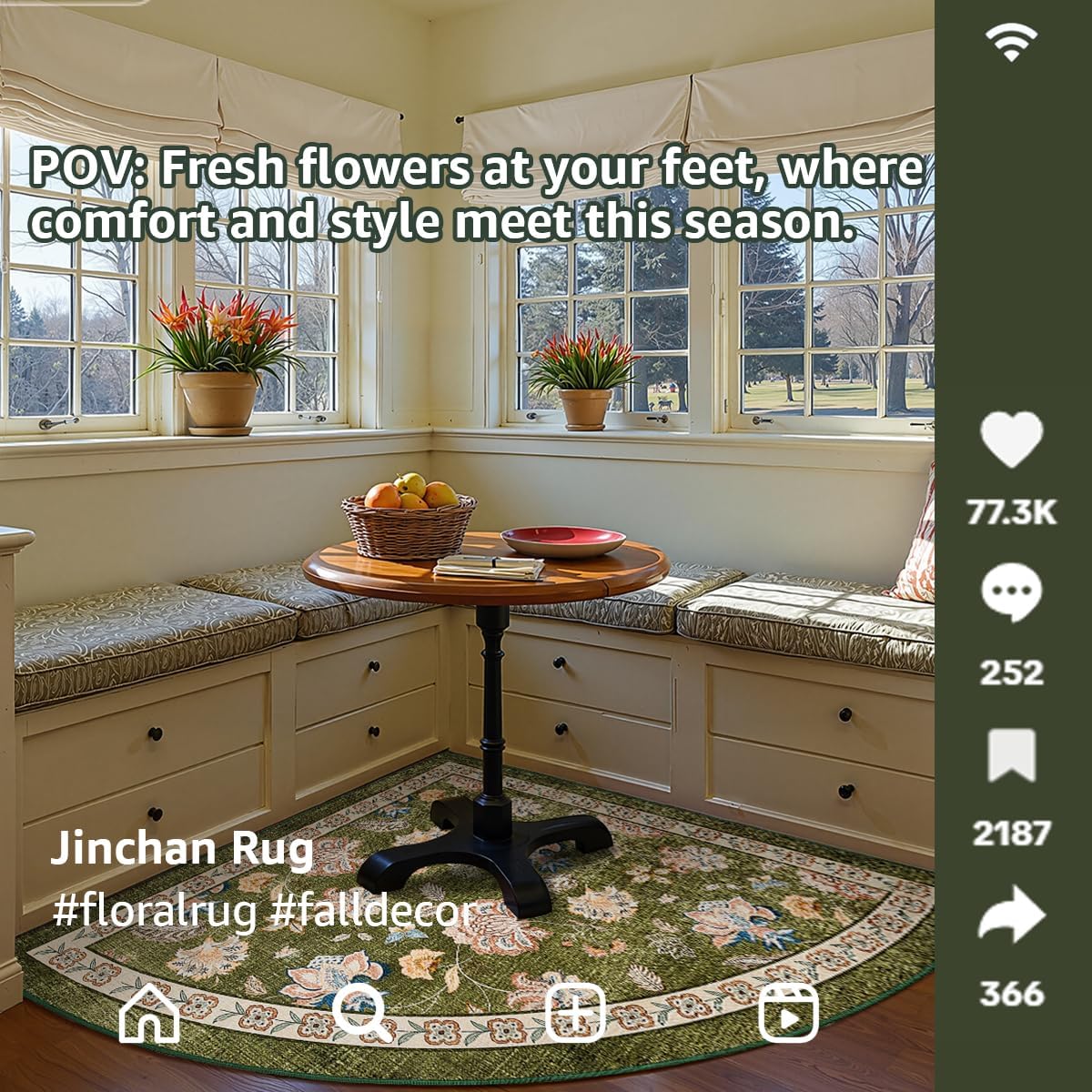 jinchan Floral Corner Rug for Living Room Washable Bedroom Rug Vintage Romance Design Non Slip Quarter Circle Lightweight Low-Pile Throw Carpet for Reading Nook Playroom,8ft Radius, Green