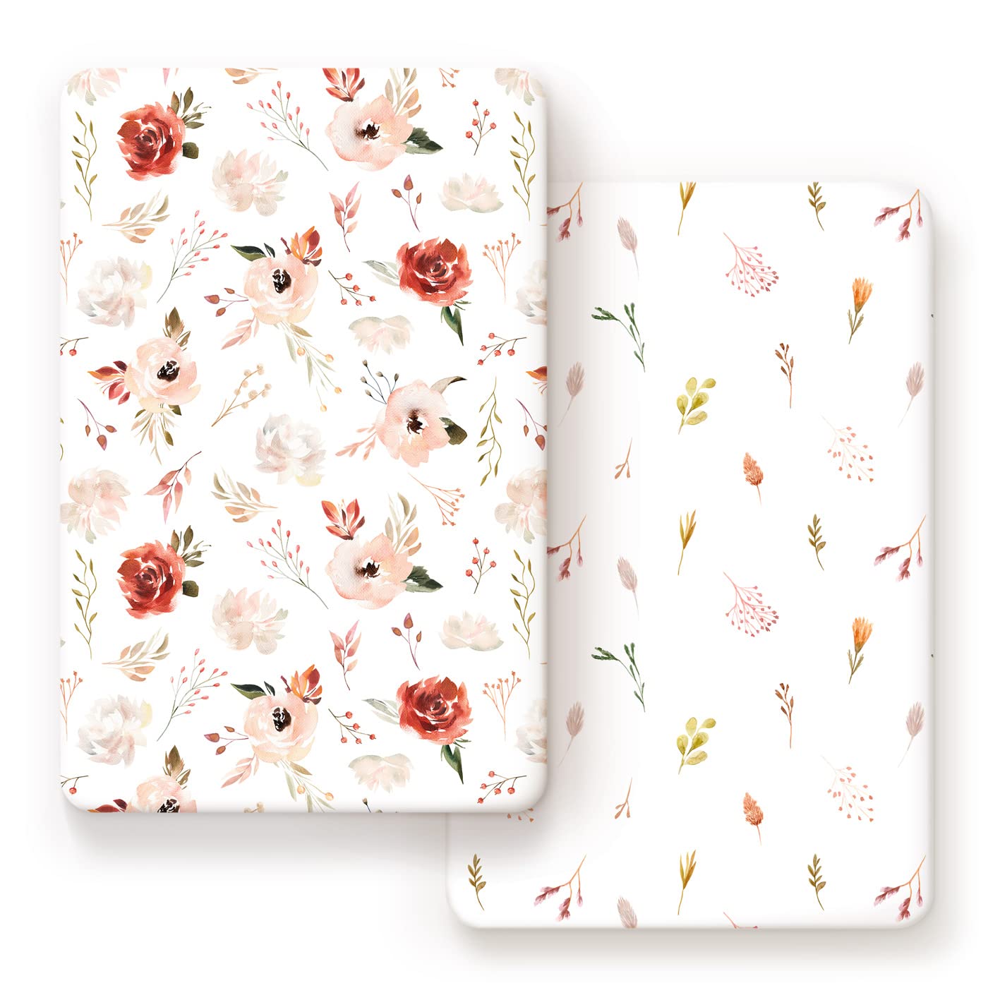 Stretchy Ultra Soft Jersey Knit Pack n Play Sheets Set 2 Pack, Portable/Mini Crib Sheets with Deep Pocket, Universal Fit Playard Pads Safe and Snug, Pretty Rose Flora for Girls, Orange Pink