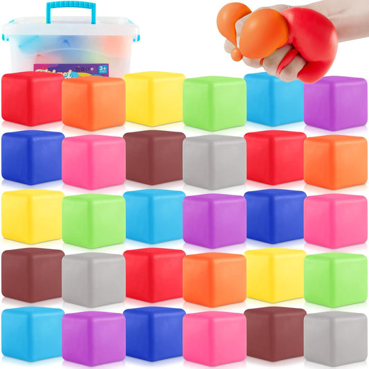 Slow Rising Stress Cube 30 Pack, Square Cube Fidget Ice Cube Stress Balls, Dough Stress Balls Soft Fidget Squishy Toys for Anxiety Relief, Pull Stretch Squishy Toy, Classroom Prize Box Toys