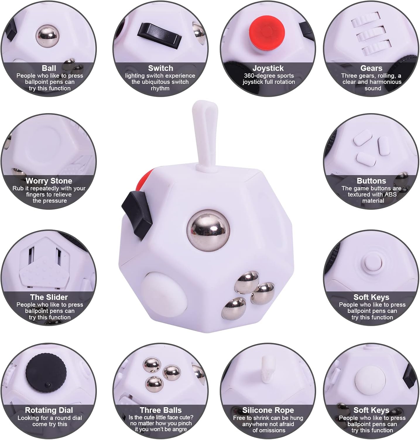 Mini Fidget Toys,12 Sides Finger Cube,Sensory Toys Relief Stress,Autism and Anxiety Depression Anti for Kids Adults Improve Focus (White)