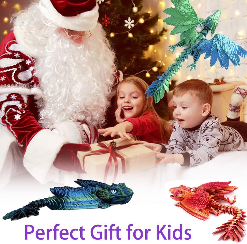 Feathered Wyvern Dragon, 3D Printed Dragon with Wings Animals Toys, Articulated Dragon Fidget Toys Desktop Pet Desk Birthday Party Gift for Kids and Adults (Green)