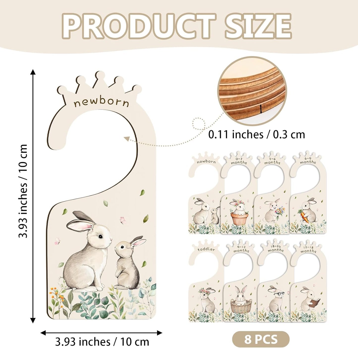 Baby Clothes Dividers for Closet - Set of 8 Wooden Baby Size Closet Dividers Newborn to 24 Months, Rabbits Babies Clothes Organizer for Boys Girl Nursery Decor Gender-Neutral Newborn Hangers Dividers