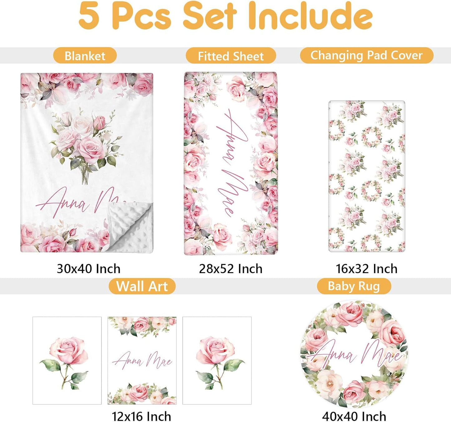 Custom Crib Bedding Set - 5 Pcs Personalized Name Pink Flowers Baby Crib Set for Infant Toddler Girl - Comfortable Double Layer Nursery Bedding Set - Customized Present for Birthday Baby Shower