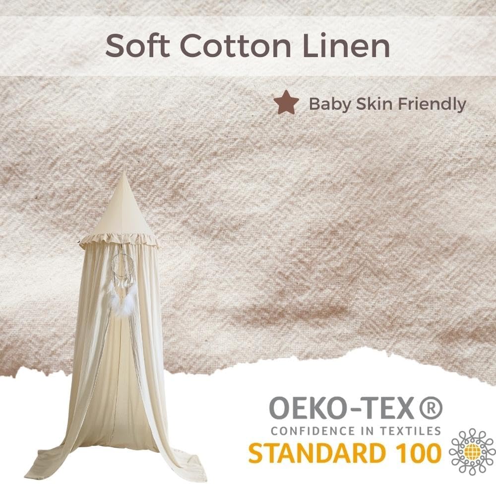 Wonder Space Kids Bed Canopy with Ruffles, Pastel Neutral Color for Boys & Girls, Frilled Cotton Tent Nursery Room Baby Crib Hanging Curtain Mosquito Netting Children Reading Nook Decoration (Ivory)