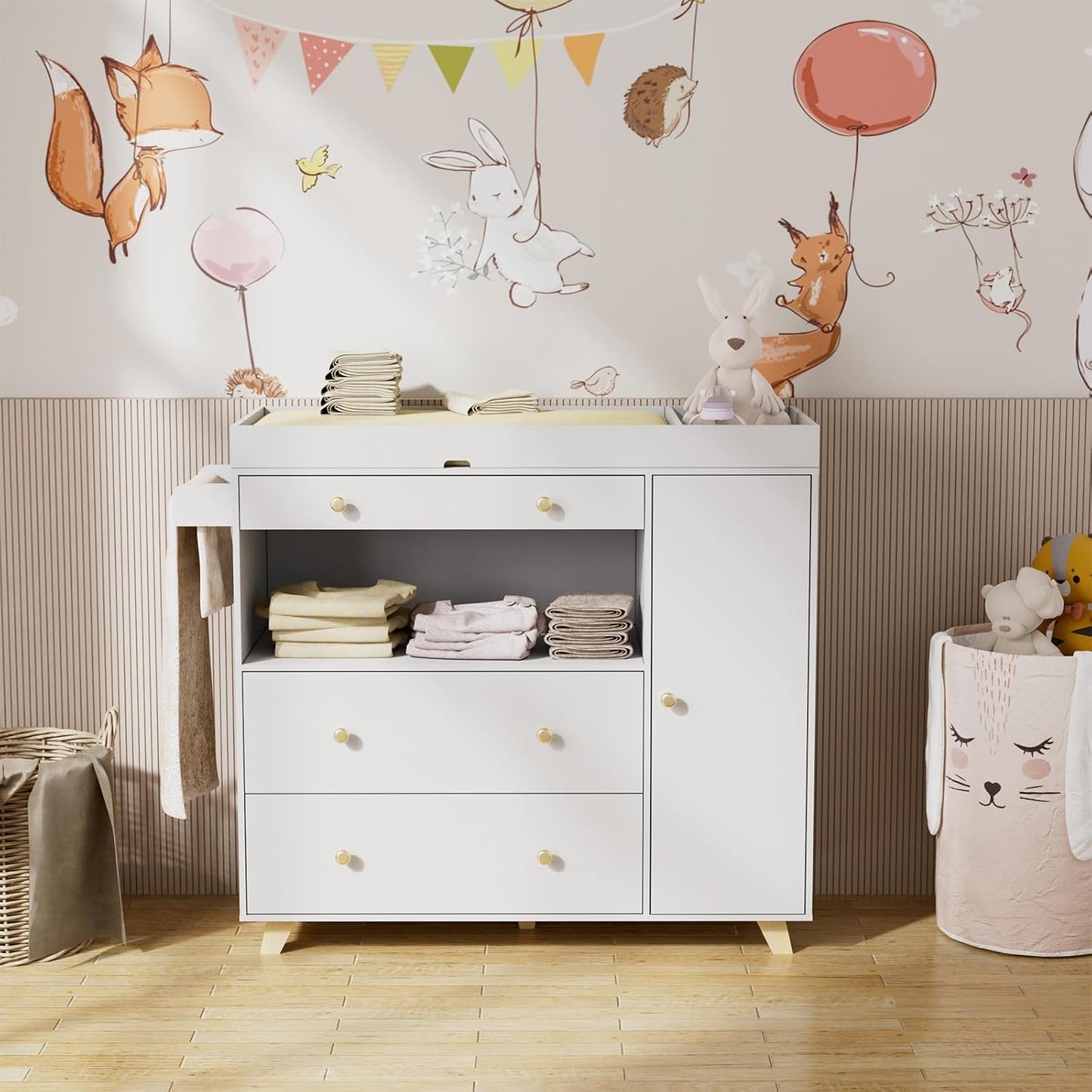 PAKASEPT Changing Table Modern Dresser with Wide Table Top, 3 Drawers, White Drawer Dresser