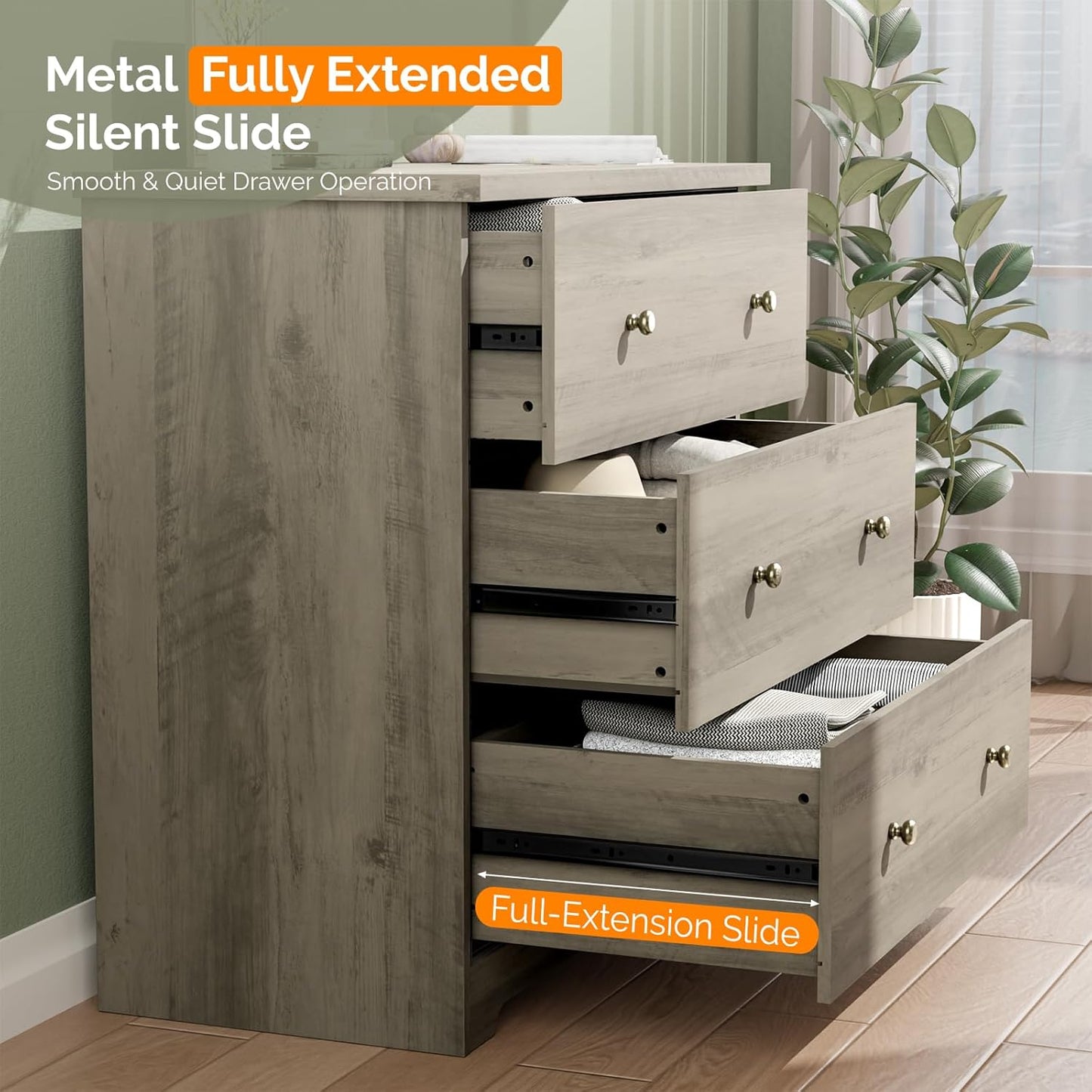 VINGLI 3 Drawer Dresser with Charging Station, Small Dresser Grey Chest of Drawers, 31.5" W Gray Wood Dressers for Bedroom, Living Room, Hallway, Home Office, 15.75" D x 31.5" W x 31.5" H