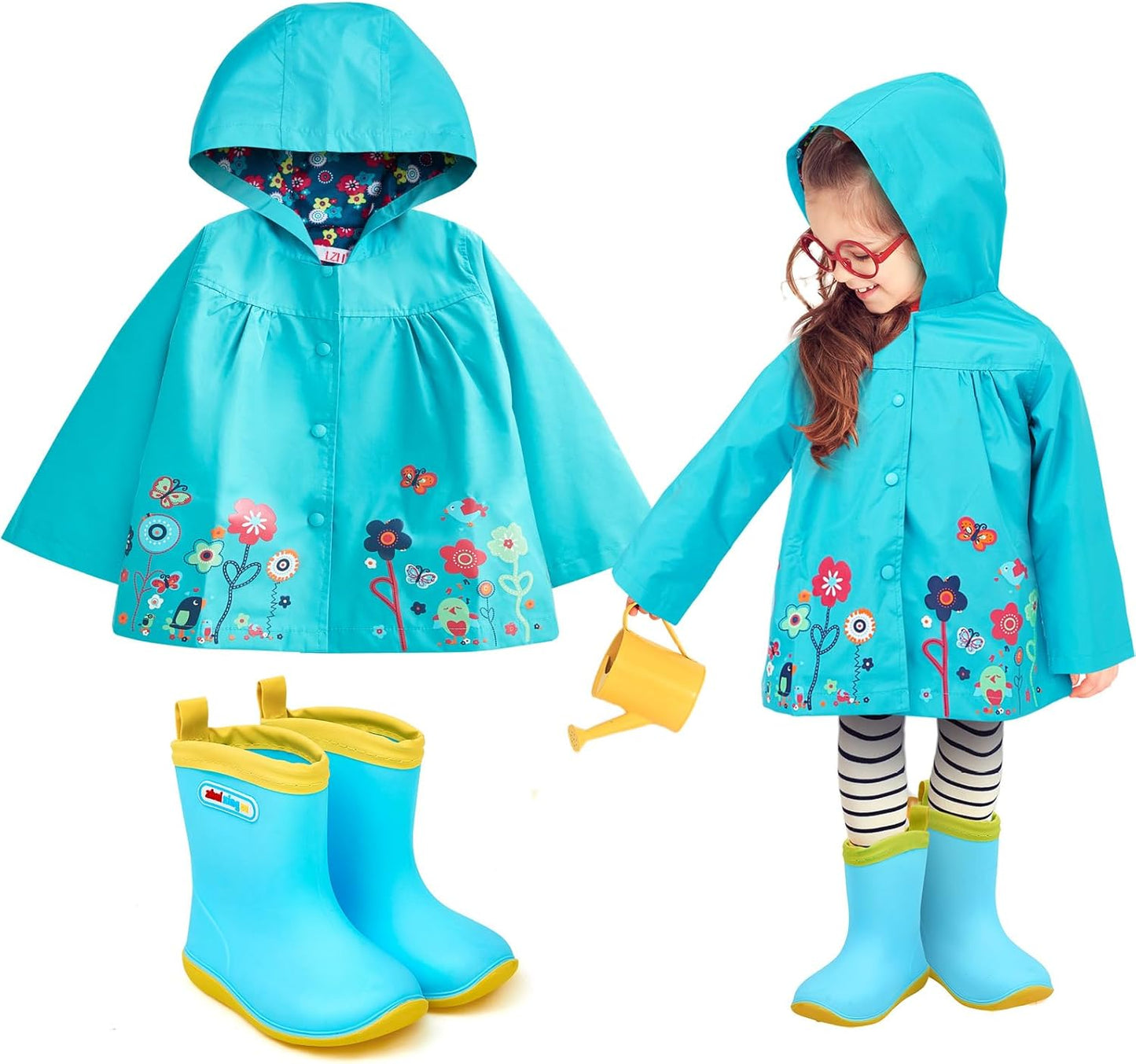 2 Pcs Toddler Raincoat Rain Boots Set Kids Baby Cartoon Hoodie Zipper Jacket Short Rain Shoes for Little Boys Girls