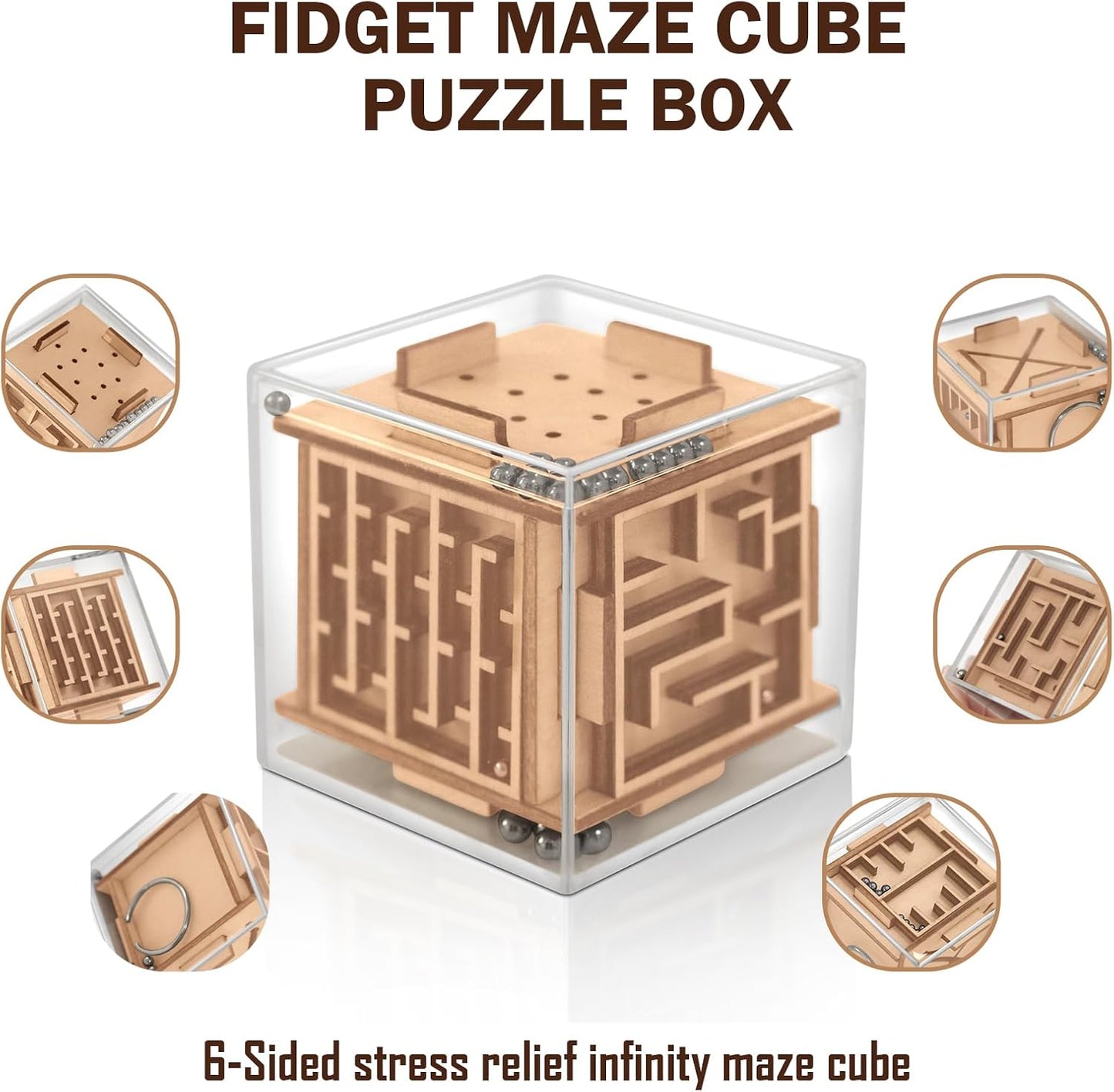 Fidget Puzzle Cube Toy for Adults - 6-Sided Wooden Brain Teaser Magic Cube for Anxiety Relief,Handheld Fidget Maze Cube IQ Balance Games for Travel,Birthday Gifts for Kids Men Teenage Boys