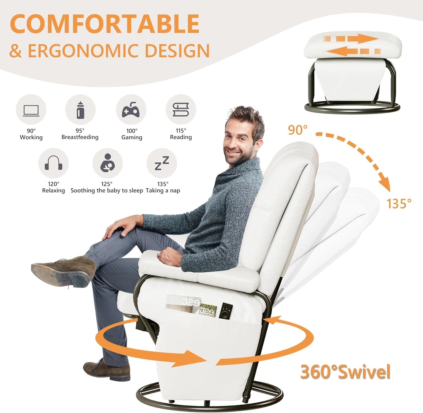 JIASTING 360° Swivel Leather Recliner Chair with Ottoman & Double Side Pockets, Nursing Glider Rocking Recliner Chair, Gliding Chairs for Nursery, Living Room, Office, Bedroom, Metal Frame (White)