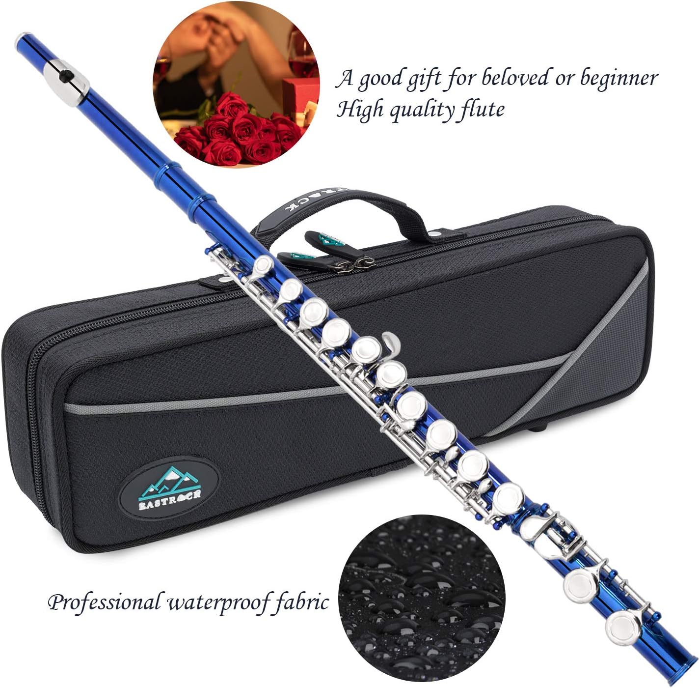 EASTROCK Closed Hole Flutes C 16 Key for Beginner, Kids, Student -Silver Nickel Flute with Case Stand and Cleaning kit (Blue)