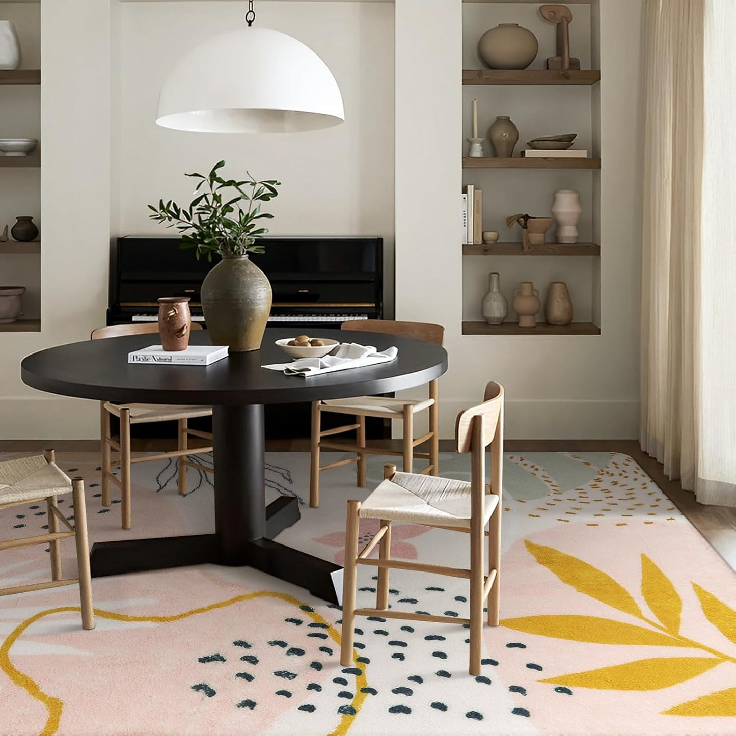 Lahome Washable Pink Area Rugs 9x12 Living Room Carpet Non-Slip Backing Ultra-Thin Extra Large Rug Lightweight Throw Non Shedding Dining Room Rug，Boho Botanical Print Rug for Bedroom Guest Room Home