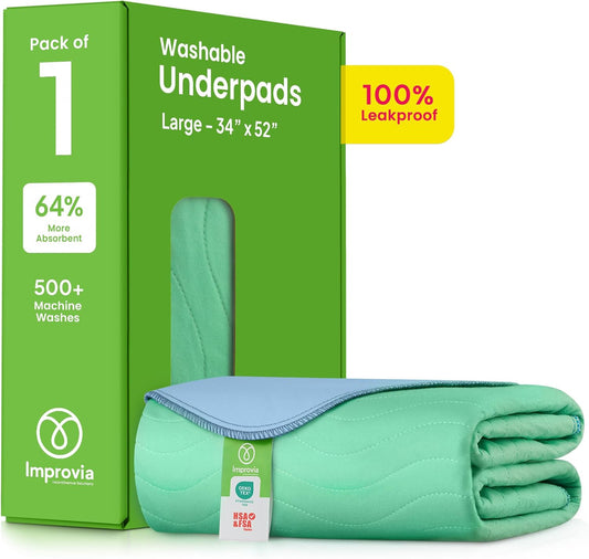 IMPROVIA® Washable Underpads, 34" x 52" (1 Pack) - Heavy Absorbency Reusable Incontinence Pads for Kids, Adults, Elderly, and Pets - Waterproof Protective Pad for Bed, Couch, Sofa, Furniture, Floor