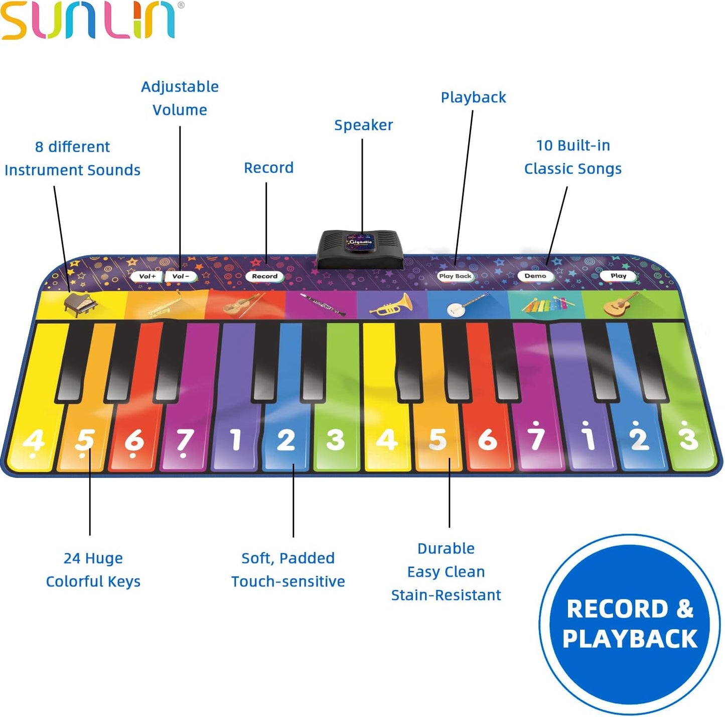 SUNLIN 6 ft. Floor Piano Mat for Kids & Toddlers, Giant Piano Mat, 24 Keys, 10 Built in Songs, 8 Instrument Sounds, Record & Playback, Song Booklet, Musical Toy Gift for Boys & Girls Age 3 4 5 6 7 8 9