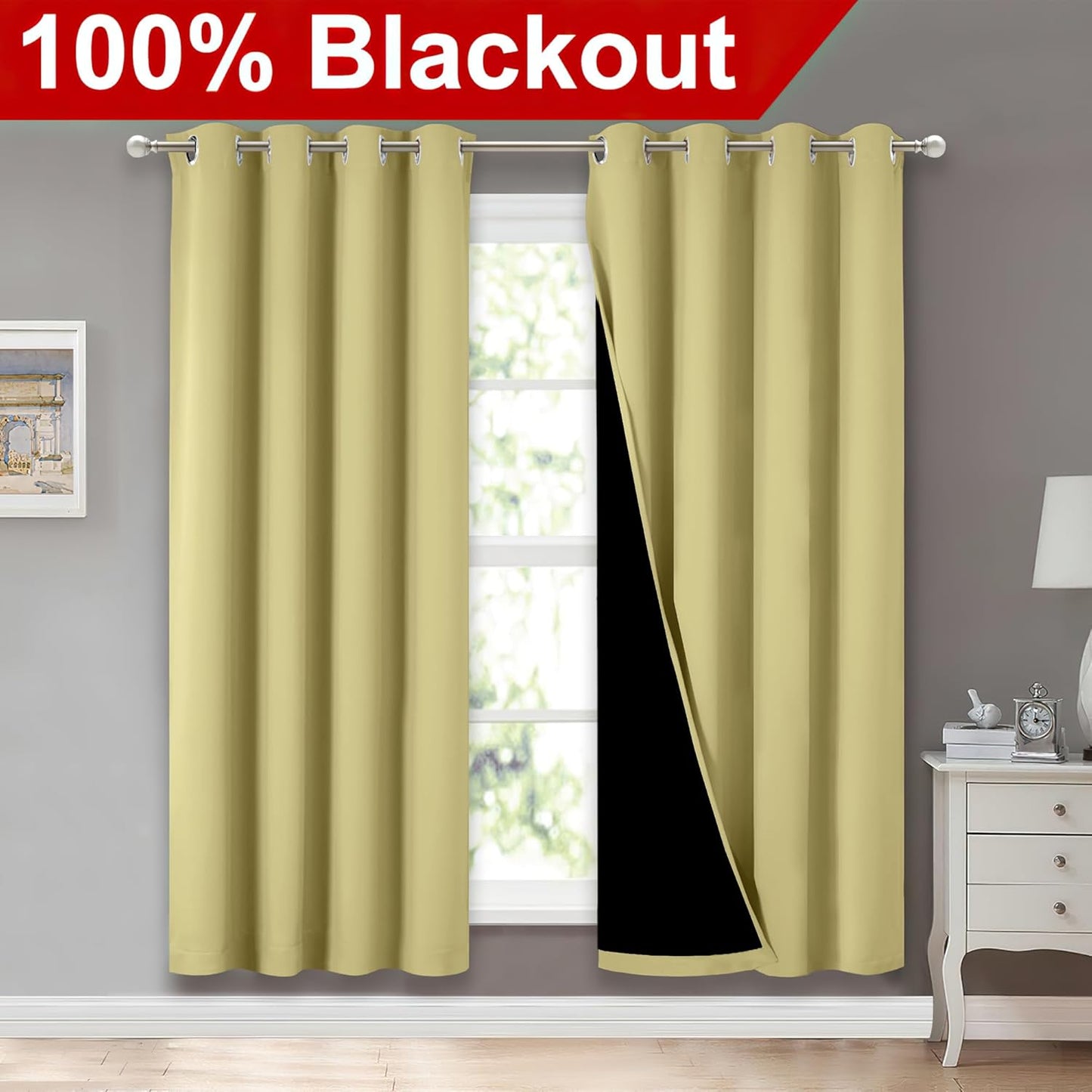 NICETOWN Paler Yellow Full Shade Curtain Panels, Pair of Energy Smart & Noise Blocking Out Blackout Drapes for Dining Room Window, Thermal Insulated Guest Room Lined Window Dressing, 52 x 72 inch