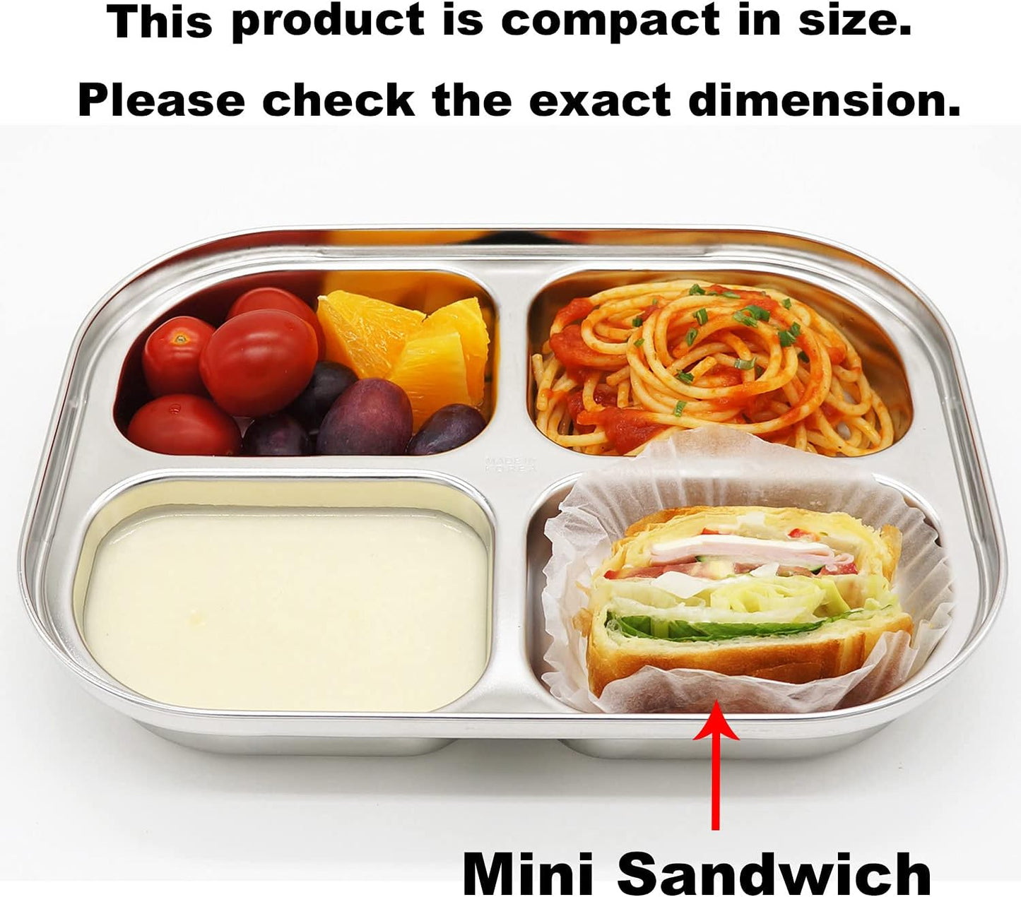 Korean Stainless Steel Divided Plates by KS&E, Little Kids Toddlers Babies Tray, BPA Free, Diet Food Control, Compact Serving Platter, Dinner Snack, 4 Compartment Plate Silver, Set of 2