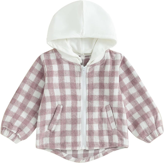 Douhoow Toddler Baby Plaid Jacket Baby Boy GIrl Flannel Hoodies Zip Up Hooded Fall Winter Outerwear Coat
