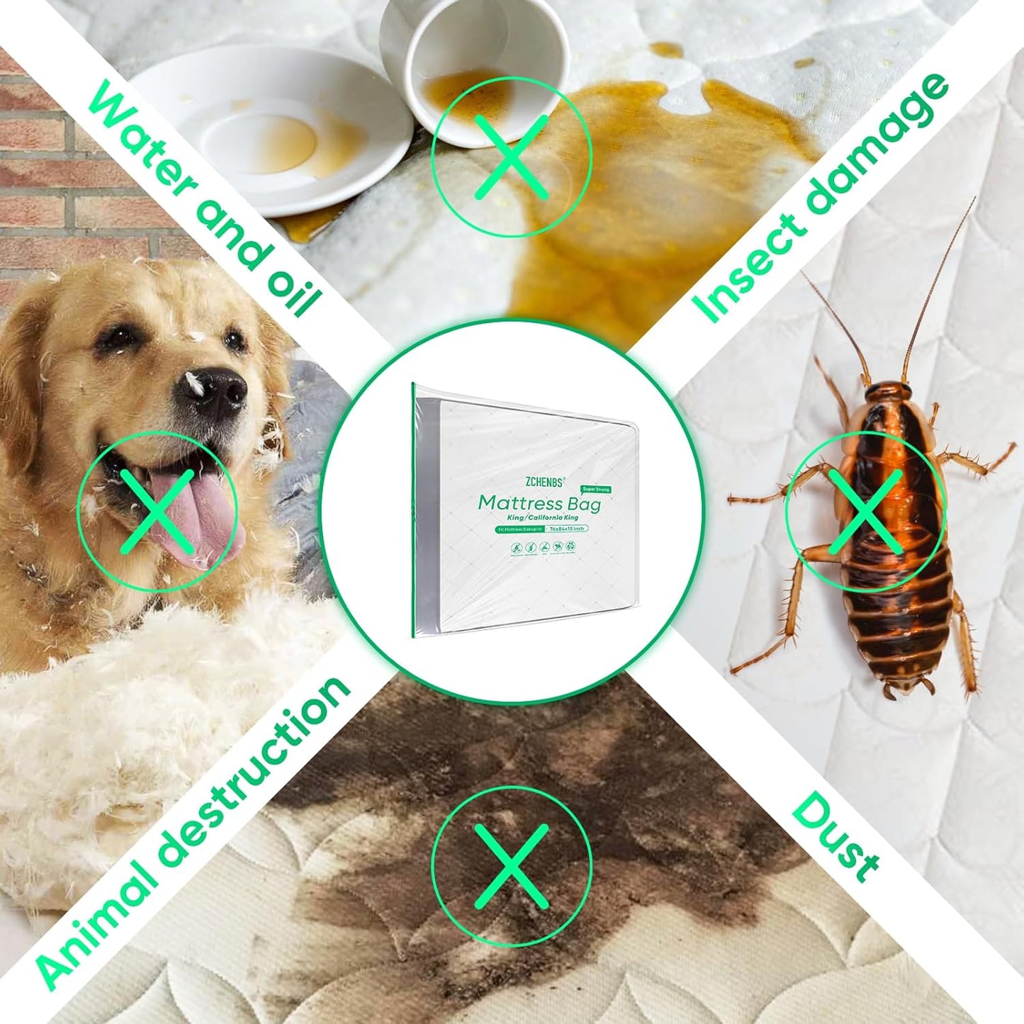 ZCHENBS® – Mattress Bags for Moving and Storage,Mattress Bag with Zippers,5 Mil Ultra-Thick Bed Bag,Waterproof,Anti-Tear,Heavy-Duty Mattress bag (Tansparent/Green, King/California King-(2 Pack))