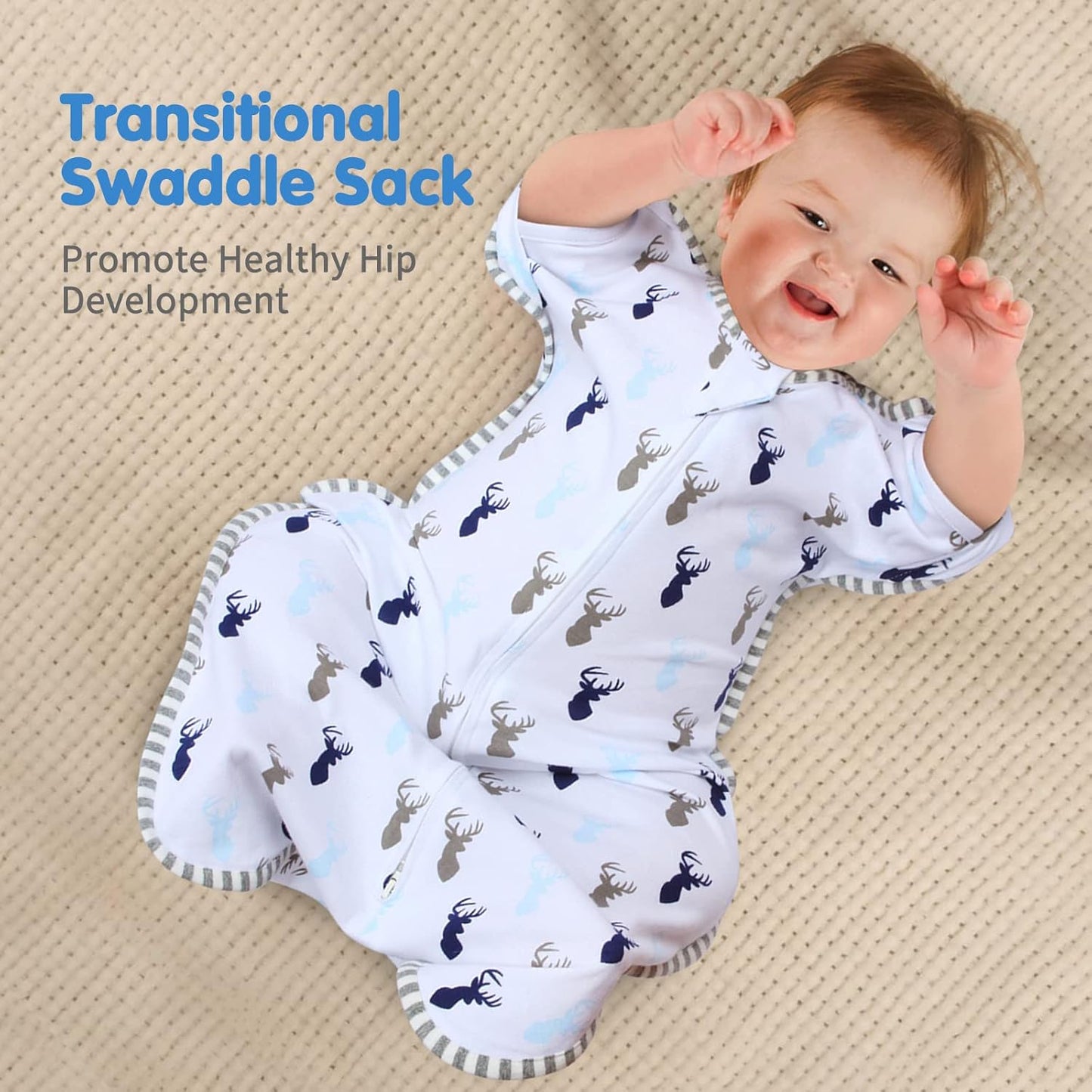 Transition Swaddle Baby Sleep Sack 0-3 Months Arms up Swaddles 2-Way Zipper 100% Cotton Arms in/out, 0.8 Tog Baby Swaddles for Newborn Boy Girl, 2-Pack Transitional Swaddle Sack (Small 5-14lbs)