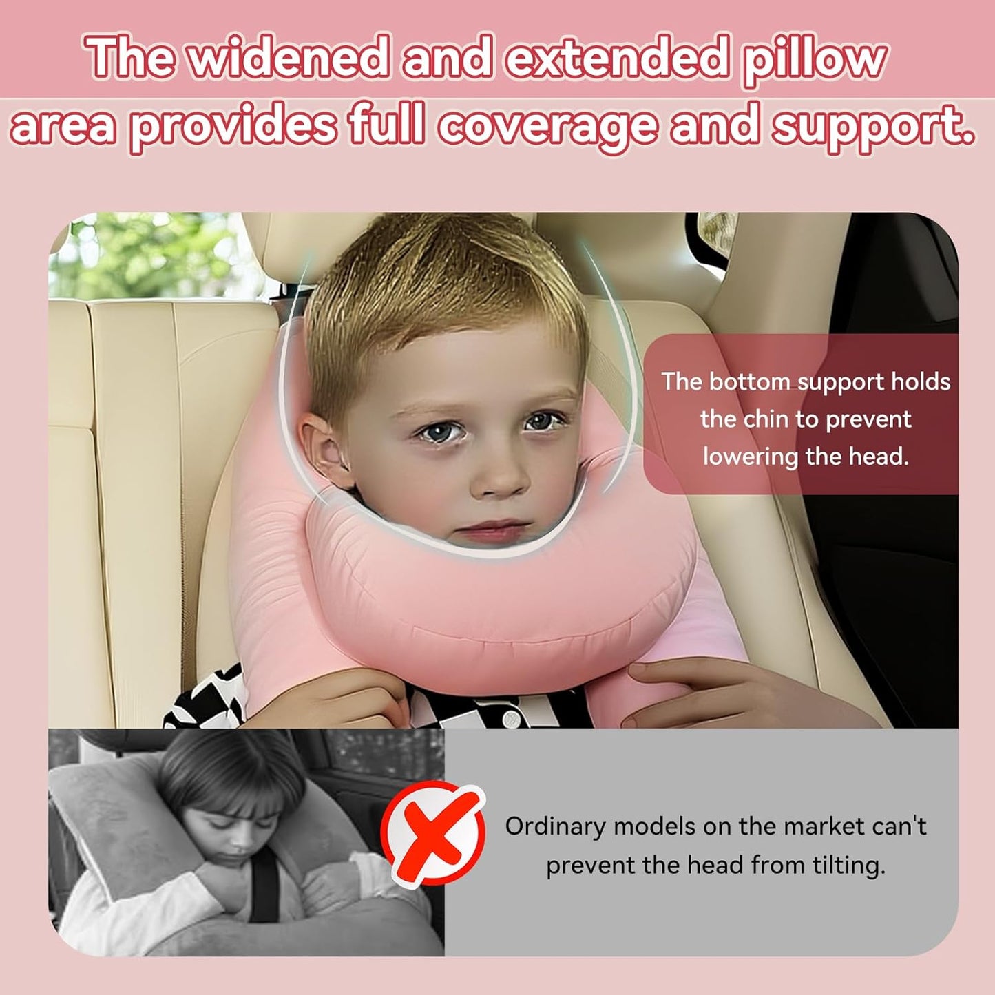 Travel Pillow,Car Pillow Kids Car Seat Pillow U Shaped Pillow for Travel Skin-Friendly Material The Sleeping Aid for Adults and Kids on Road Trips (Pink)