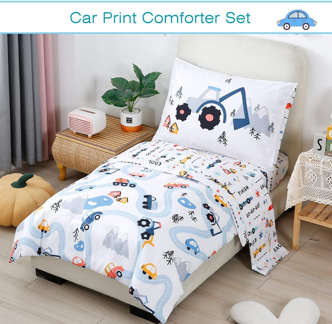 PERFEMET Car Toddler Bedding Kids 4 Pieces Bed in A Bag for Boys Vehicles Truck Toddler Girl Comforter Sets with Bed Sheets Modern Bedroom Collection, White
