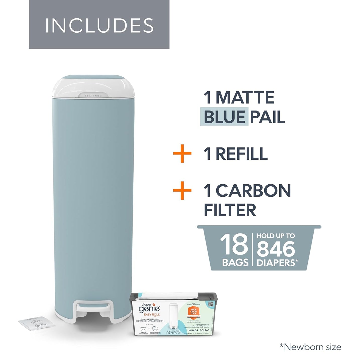 Diaper Genie Platinum Pail (Glacial Blue) is Made in Durable Stainless Steel and Includes 1 Easy Roll Refill with 18 Bags That can Last up to 5 Months.