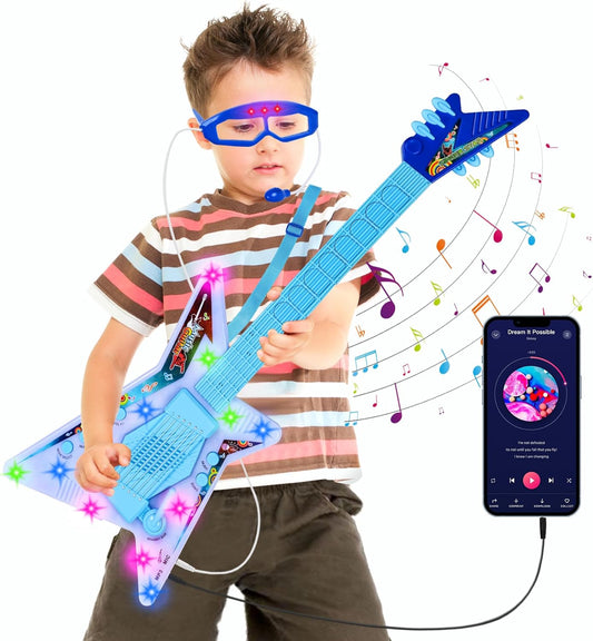 Guitar and Microphone Play Set with Glasses,Music Toys with Music&Light,Kids Karaoke Machine,Music Instruments for Toddlers,Boys,Perschool Educational Toys Gift for Children