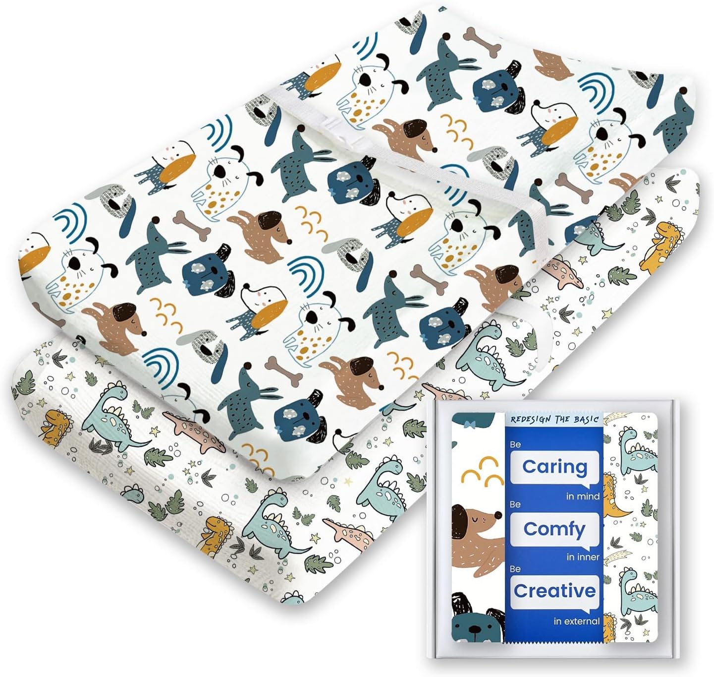 Extra Stretchy Changing Pad Cover, TotBasic Ultra Soft Premium Jersey Knit Changing Pad Sheets, Unisex for Boys Girls, Fits All Standard Changing Tables/Dresser Tops - 2 Pack (Print Dino + Puppy)