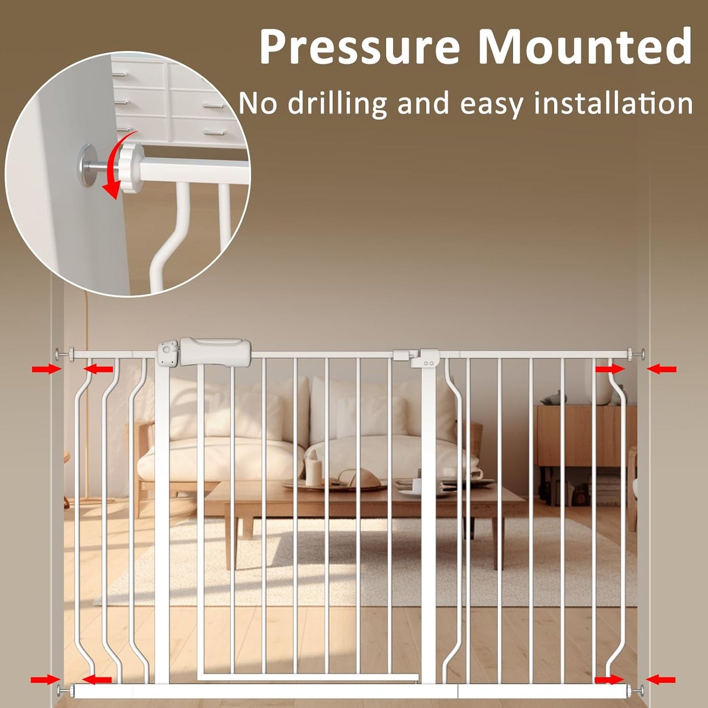 ALLAIBB Extra Wide Baby Gate Pressure Mount with Auto-Close, White Metal Safety Gate for Stairs & Doorways - Child Proof, Pet Barrier for Hallways, Kitchen, Living Room for 29.13-33.86 inch