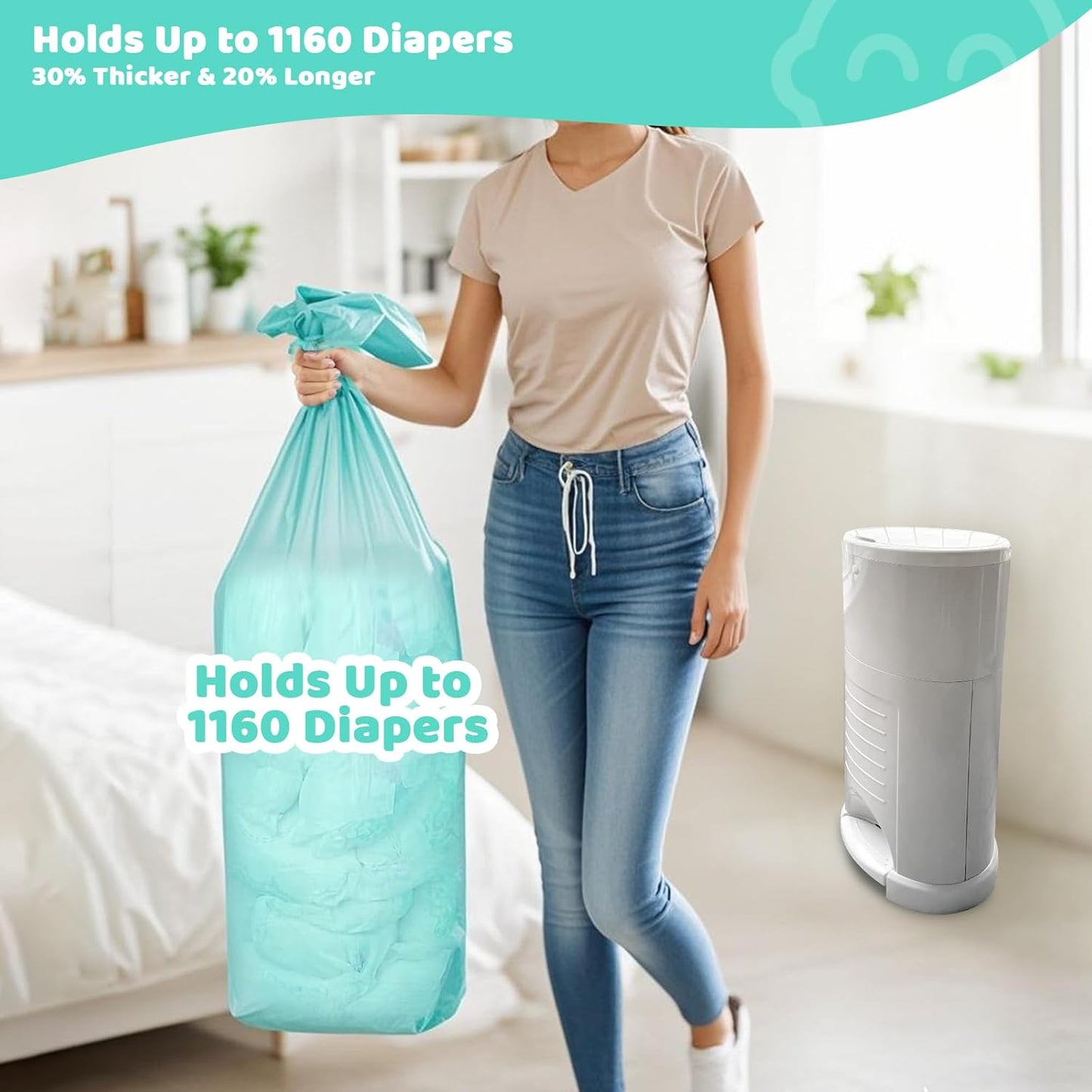 [2 Pack] Newnice Diaper Pail Refill Bags for Dekor Plus Diaper Pail, 30% Extral Thicker Diaper Genie Refills, Continuous Liners for Baby & Adult Diapers, Nursery Trash Solution