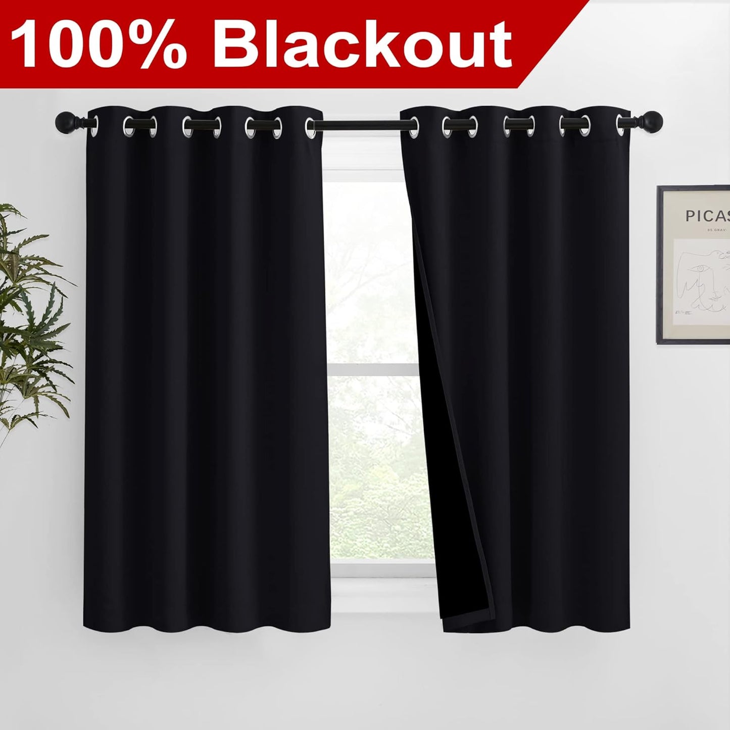 NICETOWN Extra Long Truly Blackout Drapes for Hall and Villa, 46-inch Width Each Panel, 45-inch Length, Black, 2 Pieces, 100% Blackout Window Curtain Panels with Black Lined for Night Shift Worker