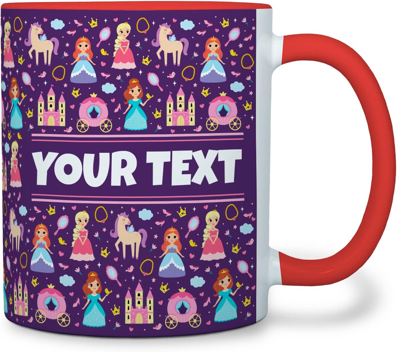 Personalized Mug for Kids - Princesses - Custom Name/Text, Ceramic Hot Chocolate/Cocoa/Coffee Cup for Girls, Birthday/Christmas/Holiday Gift - 11 oz, Red Handle